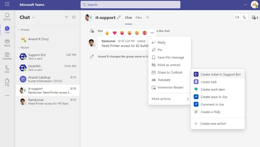 Desk365-Create Tickets from Teams Messages