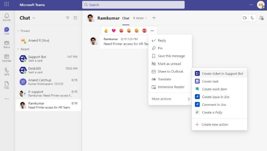 Desk365-Create Tickets from Teams Messages